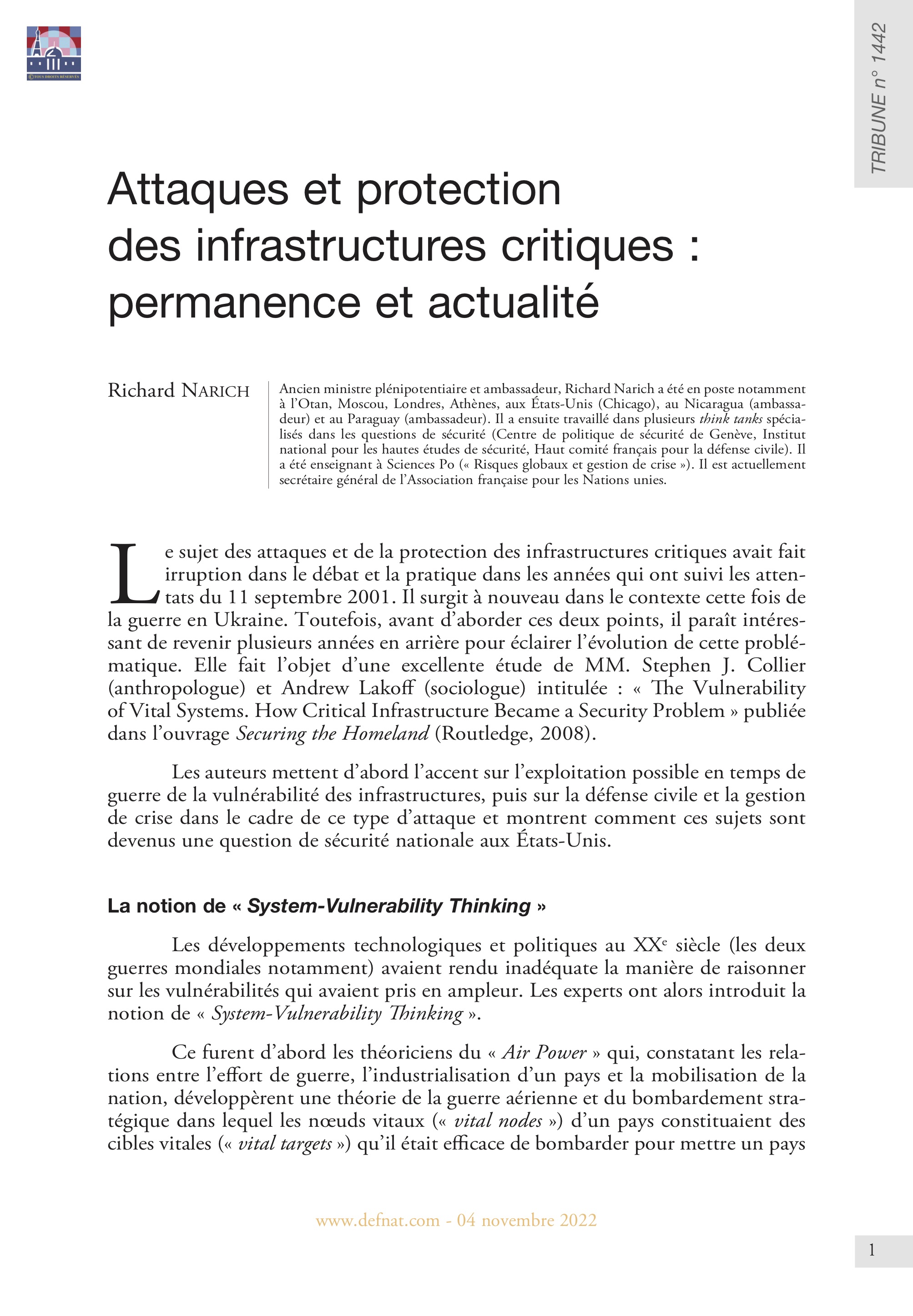 Attaques et protection des infrastructures critiques : permanence et actualité (T 1442)
